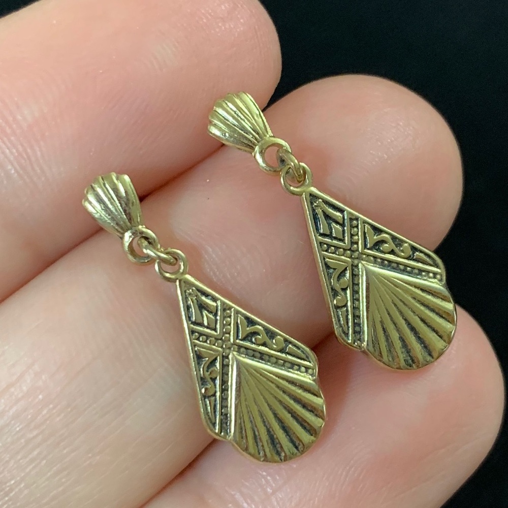 Vintage Spanish Damascene Black & Gold Tone Dangle Post Earrings